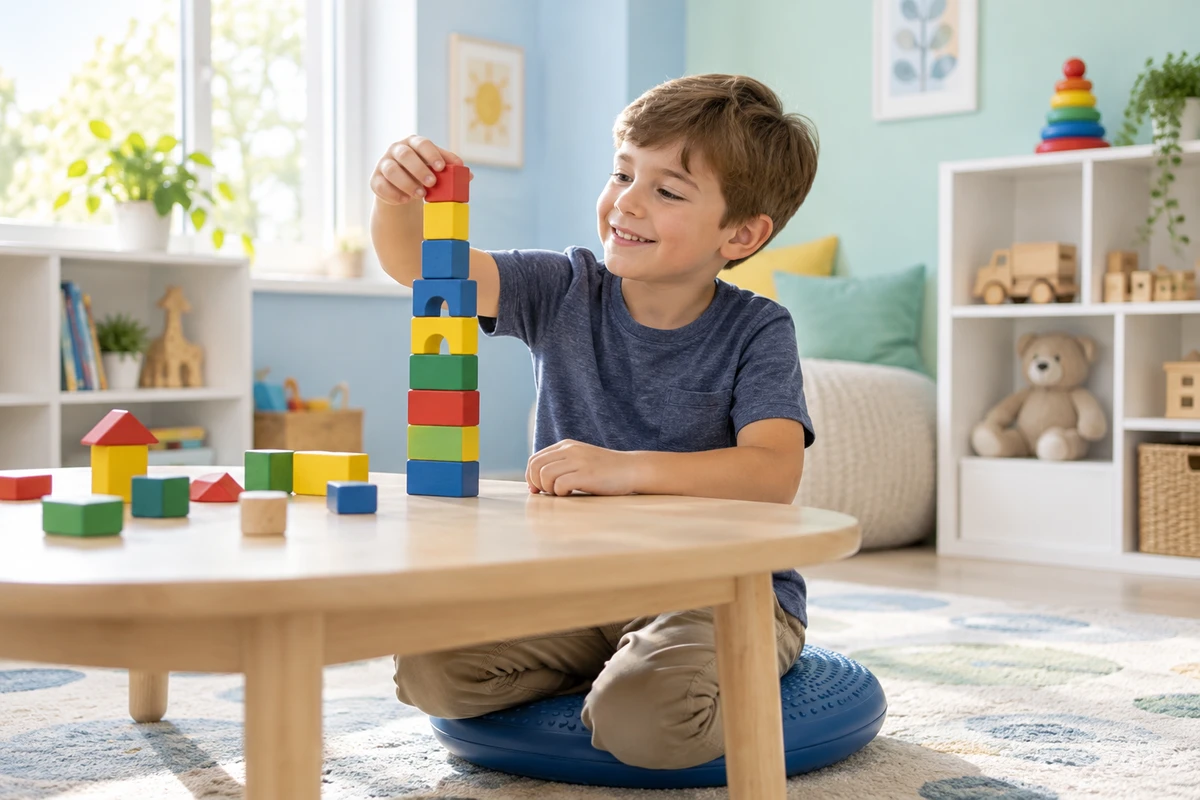 Smiling boy building a colourful block tower on a wobble cushion during ADHD play therapy at Alpha Child Therapy, Richmond Hill