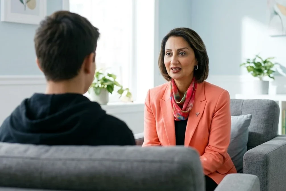 Child and Youth Therapist Shiva Movafaghian listening to a teenager during an anxiety therapy session at Alpha Child Therapy, Richmond Hill