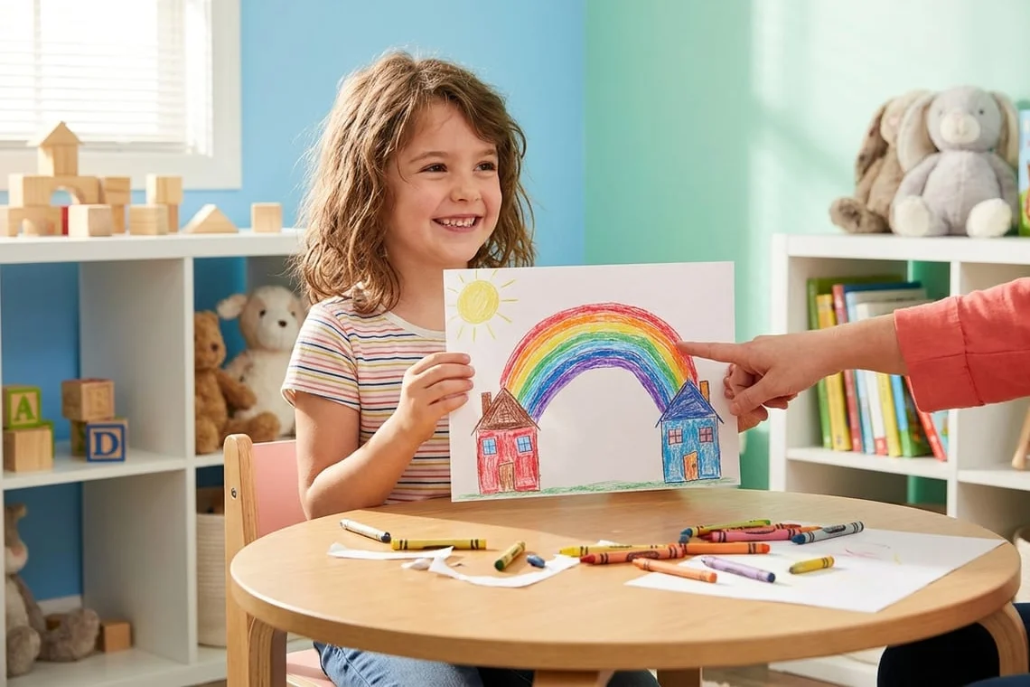 Smiling girl showing her drawing of two homes joined by a rainbow, helping children through divorce at Alpha Child Therapy, Richmond Hill