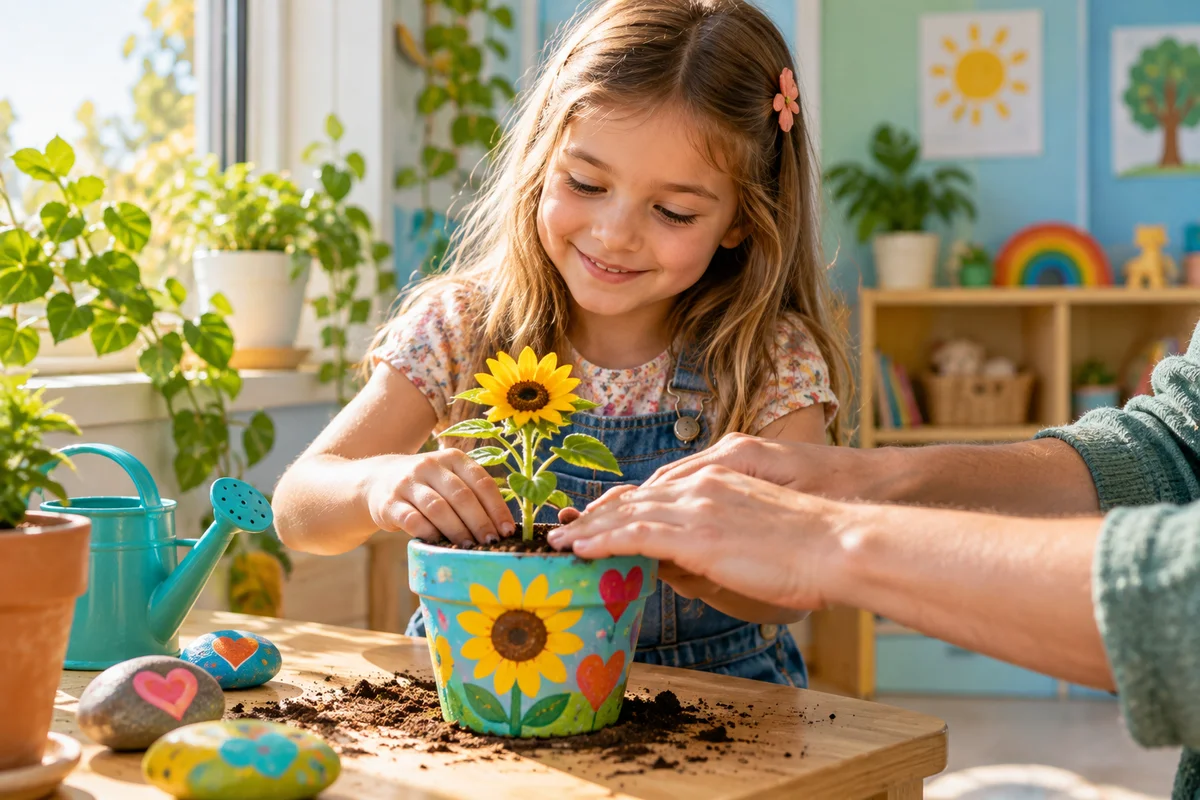 Girl planting a sunflower in a hand-painted pot with a caring adult, gentle grief and loss support for children in Richmond Hill