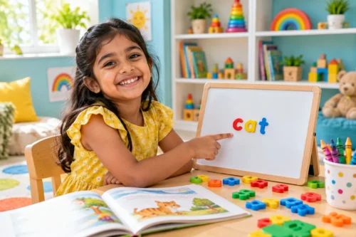 Smiling girl spelling a word with colourful magnetic letters during learning disorders therapy at Alpha Child Therapy, Richmond Hill