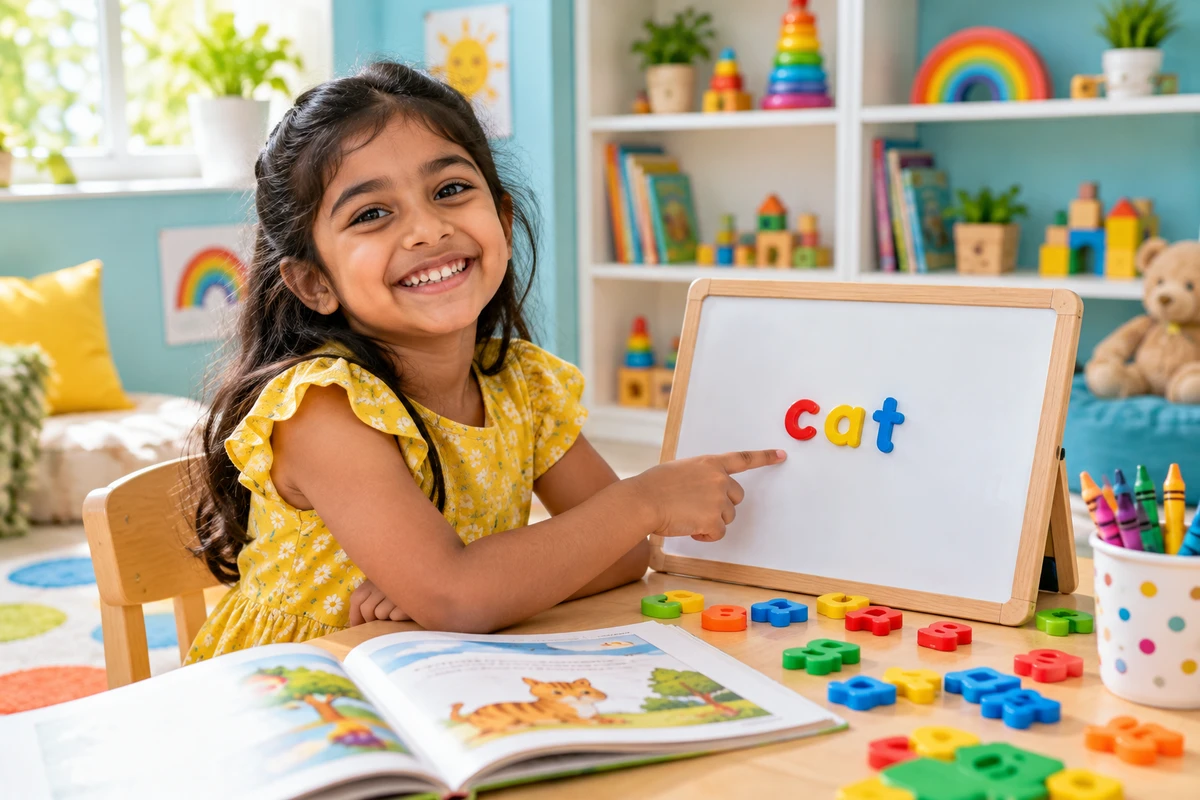 Smiling girl spelling a word with colourful magnetic letters during learning disorders therapy at Alpha Child Therapy, Richmond Hill