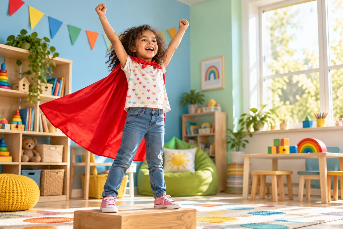 Girl in a red superhero cape raising her arms in a proud victory pose, building self-confidence at Alpha Child Therapy, Richmond Hill