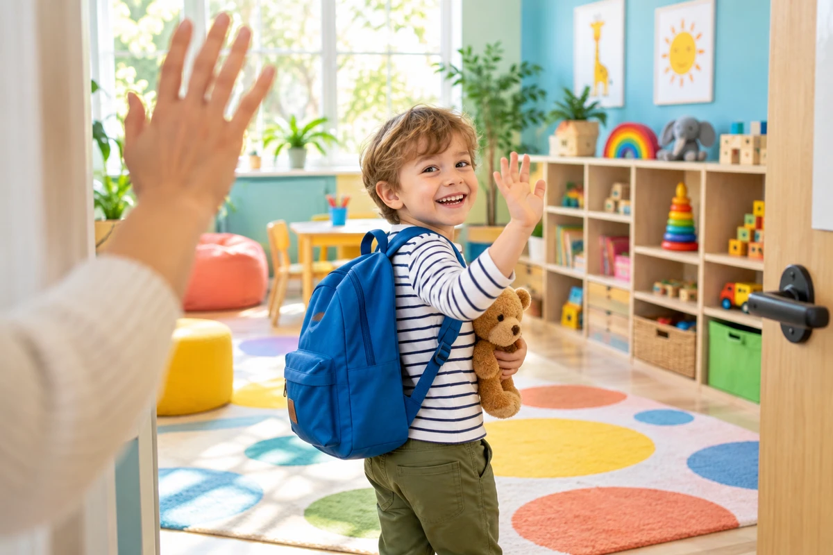 Happy boy with a backpack and teddy bear waving goodbye at the playroom door, easing separation anxiety in child therapy, Richmond Hill