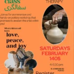 Flyer for Alpha Child Therapy Saturday pottery class featuring hands shaping clay on a pottery wheel.