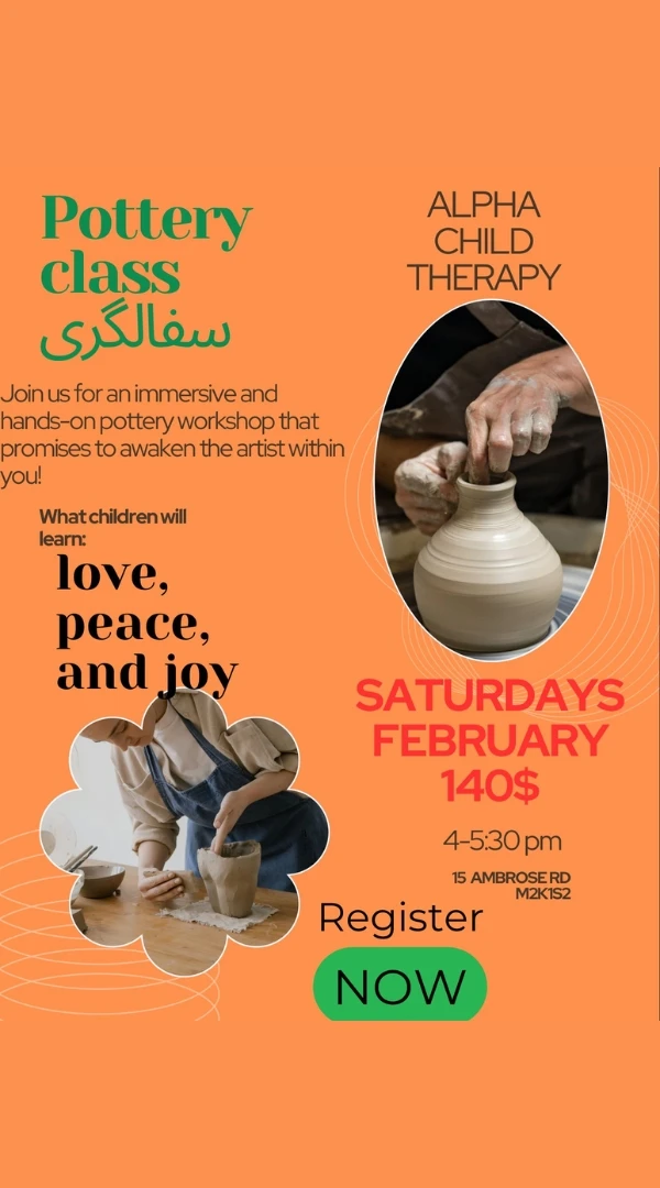 Flyer for Alpha Child Therapy Saturday pottery class featuring hands shaping clay on a pottery wheel.