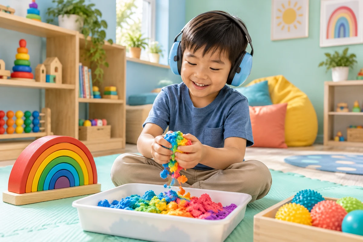 Boy wearing ear defenders smiling during sensory play with kinetic sand and a rainbow stacker, autism play therapy in Richmond Hill