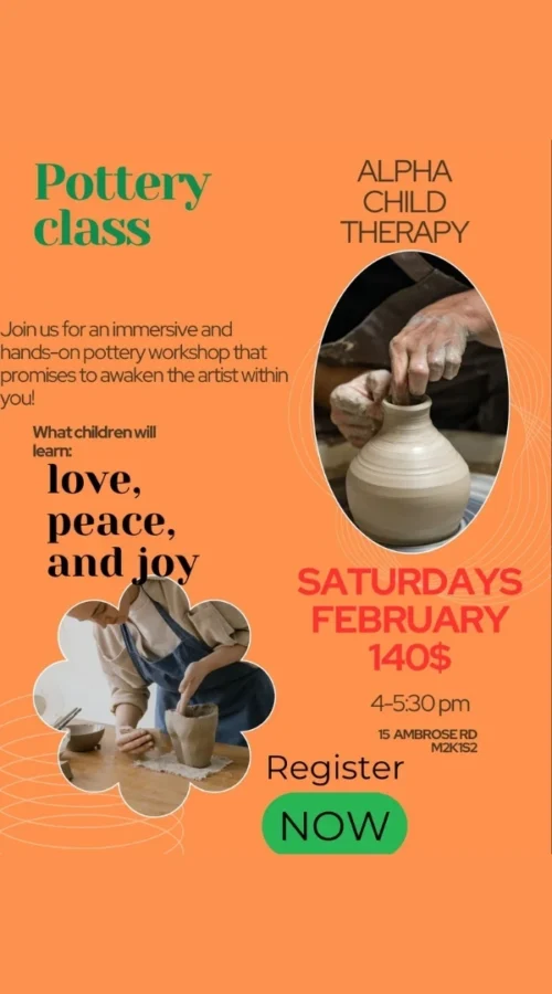 Flyer for Alpha Child Therapy Saturday pottery class featuring hands shaping clay on a pottery wheel.