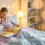 Mother and daughter reading a picture book together at bedtime under star lights, Solutions for Sleeping Disorders course by Alpha Child Therapy