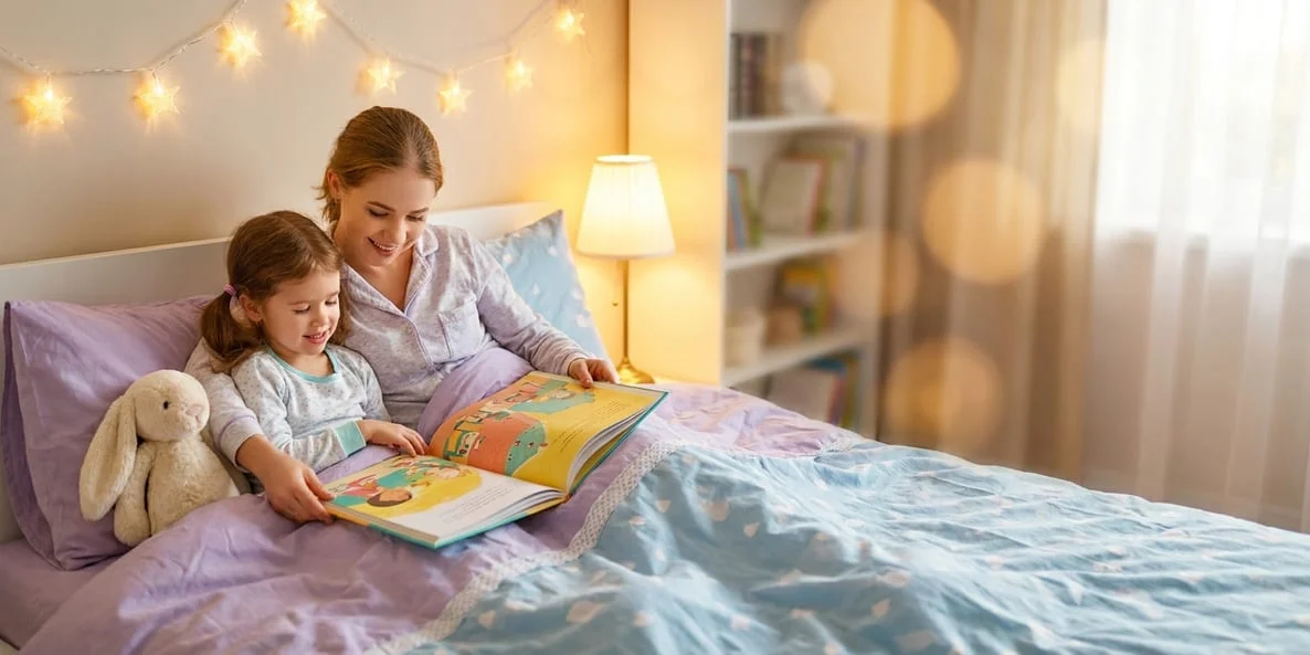 Mother and daughter reading a picture book together at bedtime under star lights, Solutions for Sleeping Disorders course by Alpha Child Therapy