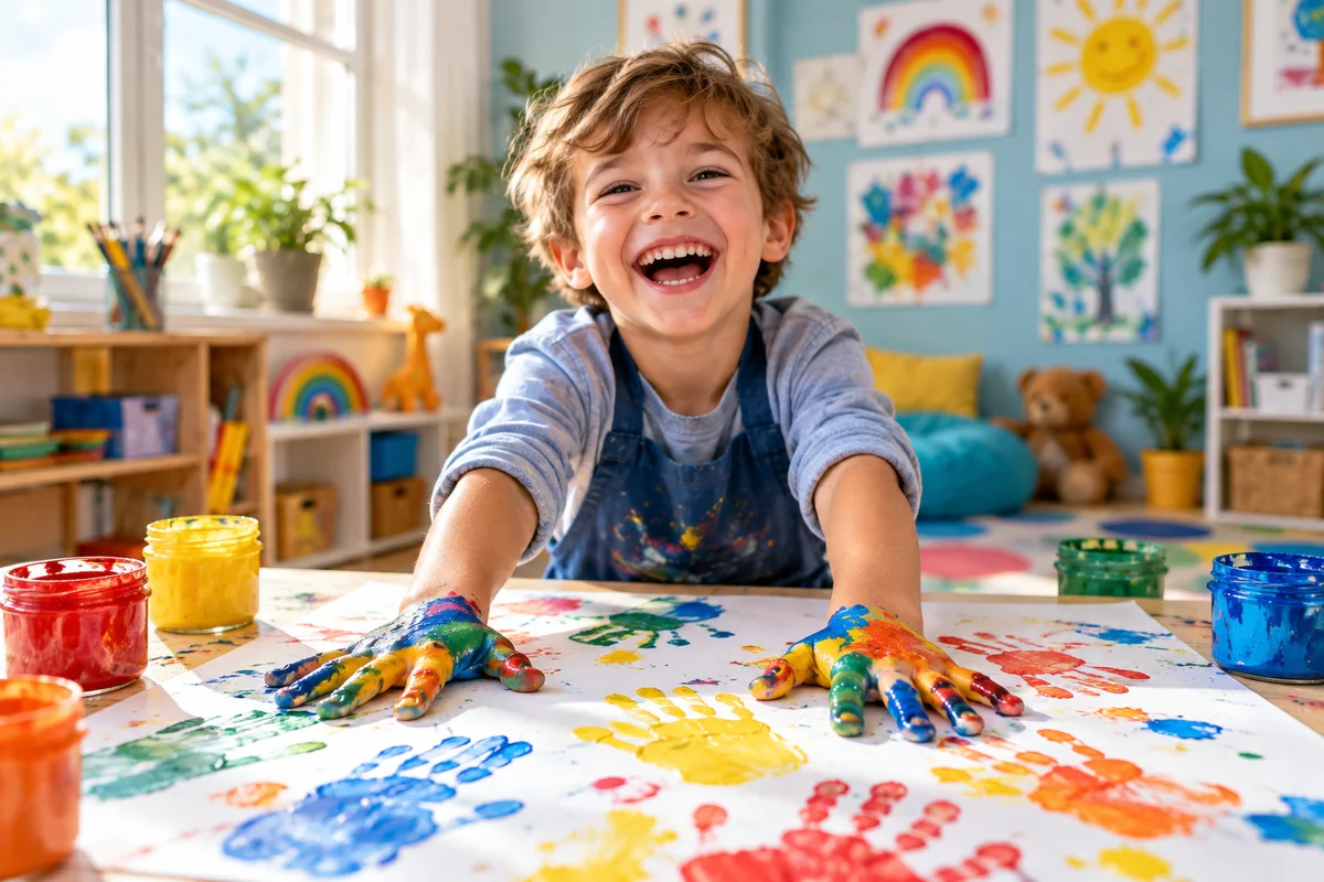 Boy laughing with paint-covered hands making colourful handprints, letting go of perfection in OCD child therapy, Richmond Hill