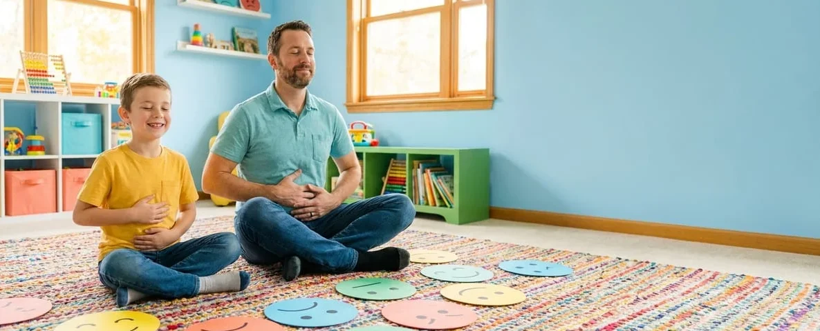 Father and son practising calm belly breathing with colourful emotion cards, SOS Help for Emotions course by Alpha Child Therapy