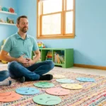 Father and son practising calm belly breathing with colourful emotion cards, SOS Help for Emotions course by Alpha Child Therapy