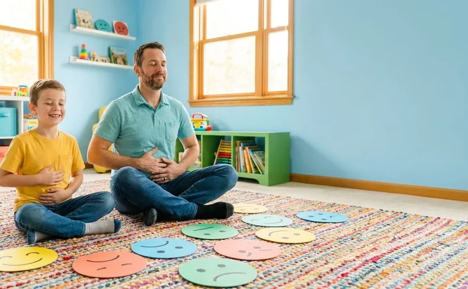 Father and son practising calm belly breathing with colourful emotion cards, SOS Help for Emotions course by Alpha Child Therapy
