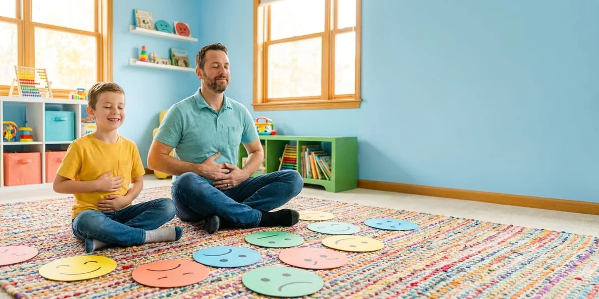 Father and son practising calm belly breathing with colourful emotion cards, SOS Help for Emotions course by Alpha Child Therapy