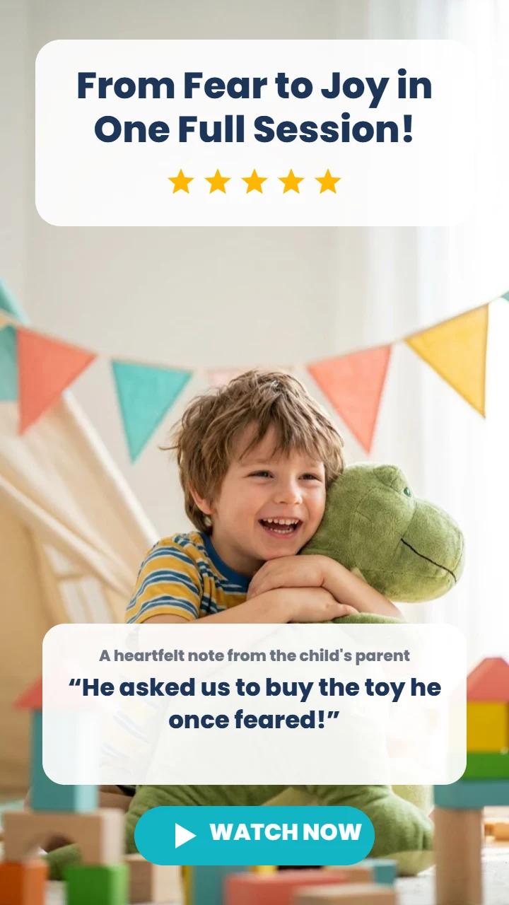 Video testimonial cover: From Fear to Joy in One Full Session, boy hugging a plush dinosaur, parent review of Alpha Child Therapy