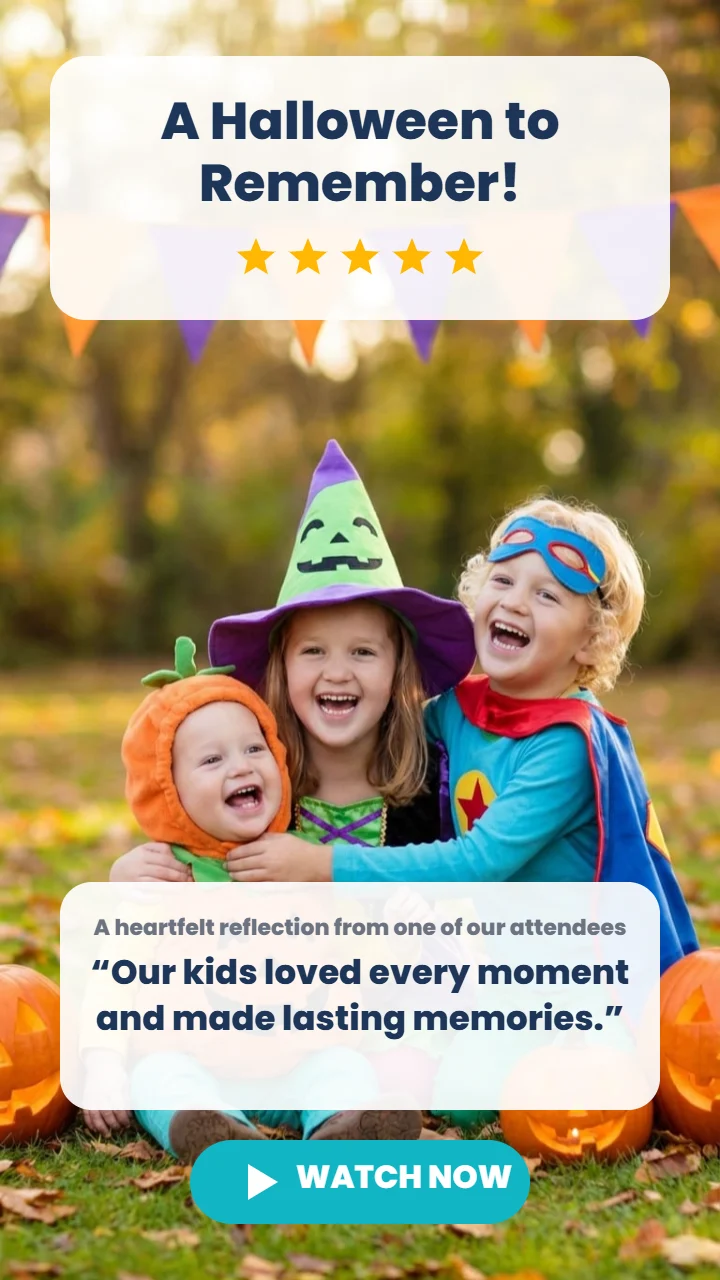 Video testimonial cover: A Halloween to Remember, kids in colourful costumes with pumpkins at an Alpha Child Therapy event