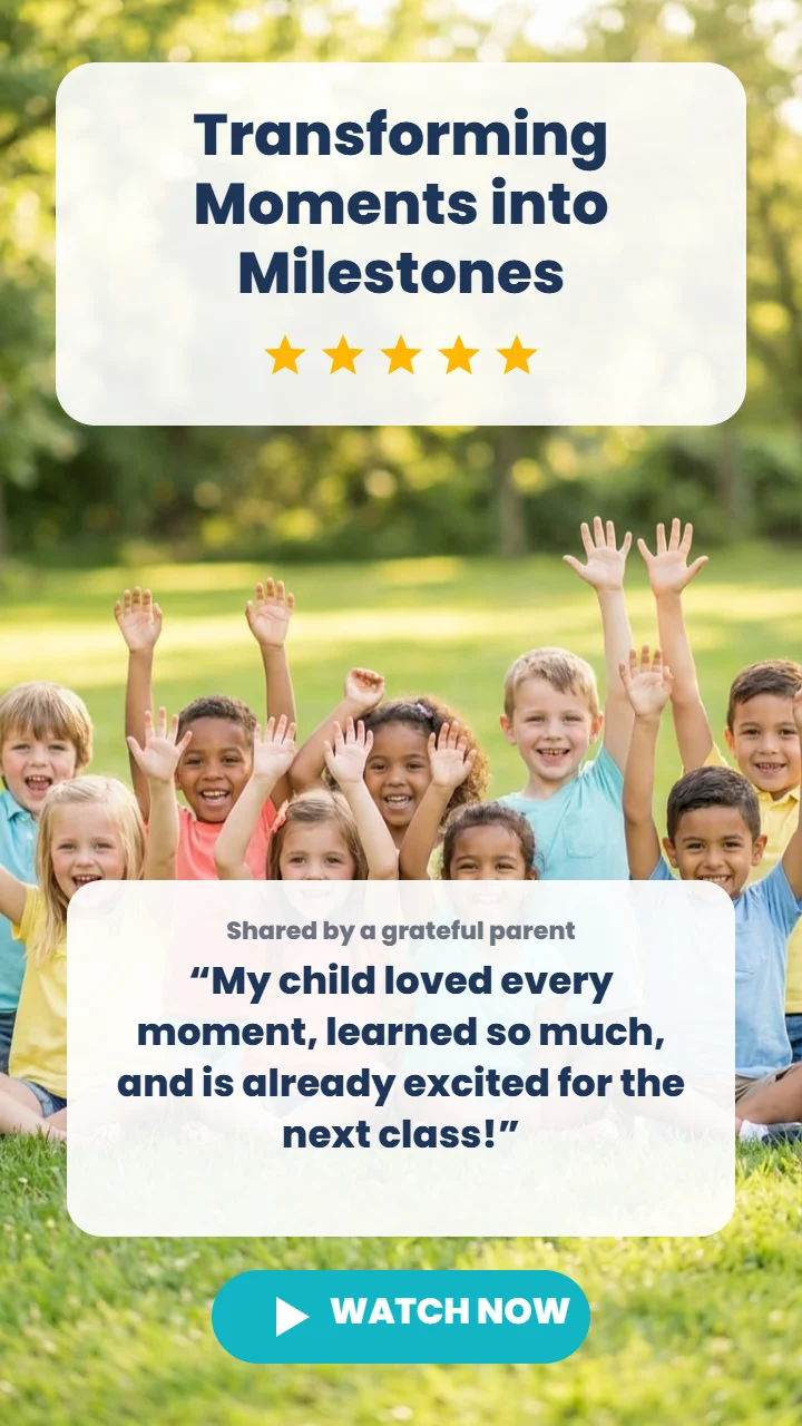 Video testimonial cover: Transforming Moments into Milestones, happy children at an outdoor class, parent review of Alpha Child Therapy