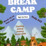Alpha Child Therapy March Break Camp flyer featuring cooking, acting, pottery, and social skills activities.