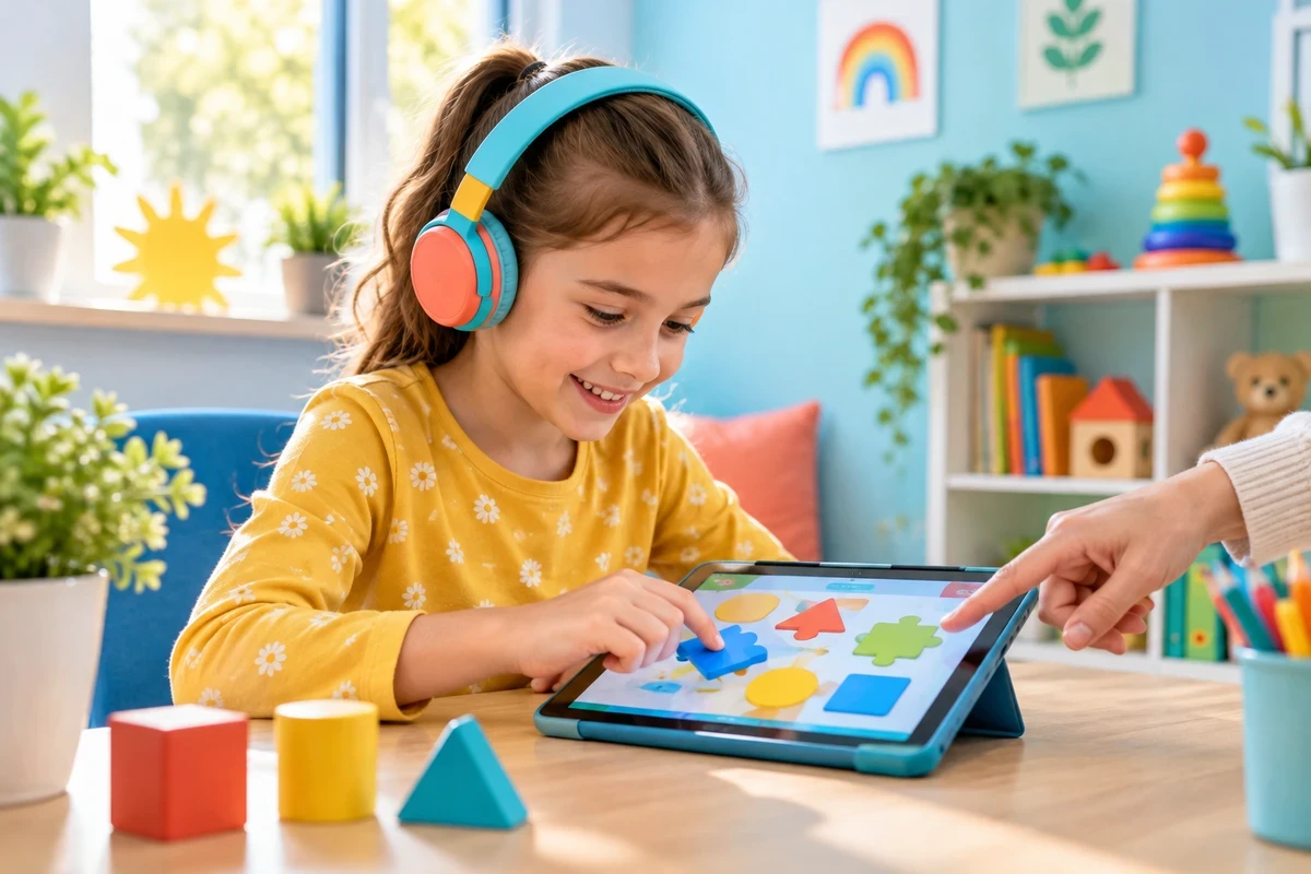 Girl with headphones playing a cognitive game on a tablet during a technological assessment at Alpha Child Therapy, Richmond Hill