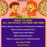 Robot Chefs and Puppet Dream workshop flyer featuring pizza, puppetry, and robotics by Alpha Child Therapy.