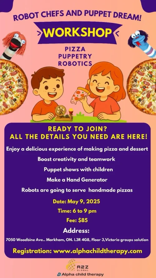 Robot Chefs and Puppet Dream workshop flyer featuring pizza, puppetry, and robotics by Alpha Child Therapy.