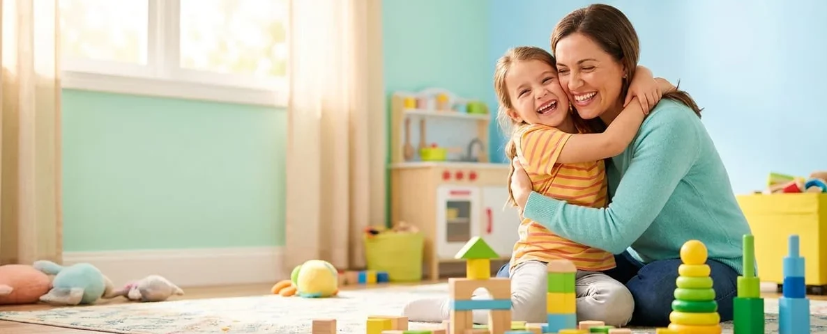 Mother warmly hugging her smiling daughter in a bright playroom, Children's Anxiety course by Alpha Child Therapy