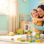 Mother warmly hugging her smiling daughter in a bright playroom, Children's Anxiety course by Alpha Child Therapy