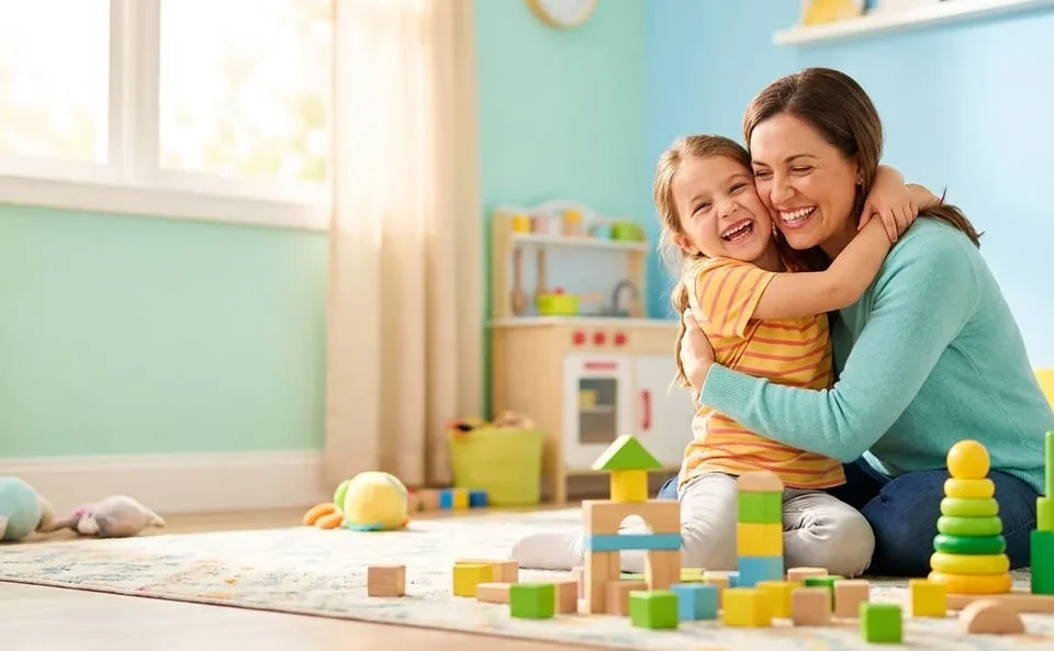 Mother warmly hugging her smiling daughter in a bright playroom, Children's Anxiety course by Alpha Child Therapy