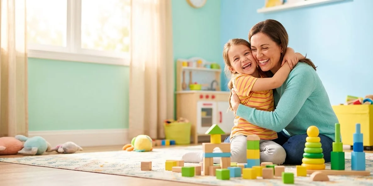 Mother warmly hugging her smiling daughter in a bright playroom, Children's Anxiety course by Alpha Child Therapy