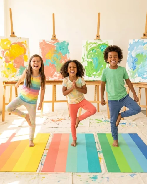 Three children laughing in tree pose on rainbow yoga mats in front of colourful paintings, Yoga and Art Class for Kids in Richmond Hill