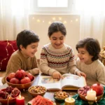 Children celebrating Yalda Night around pomegranates, watermelon, candles and a storybook, Celebrate Yalda Kids event at Alpha Child Therapy
