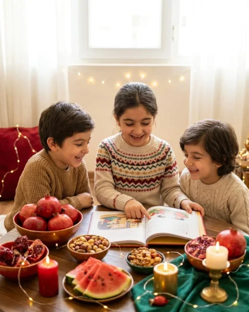 Children celebrating Yalda Night around pomegranates, watermelon, candles and a storybook, Celebrate Yalda Kids event at Alpha Child Therapy