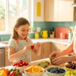 Girl making rainbow fruit skewers with a parent in a sunny kitchen, Healthy Kitchen Healthy Child parent and child workshop