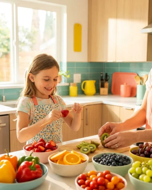 Girl making rainbow fruit skewers with a parent in a sunny kitchen, Healthy Kitchen Healthy Child parent and child workshop