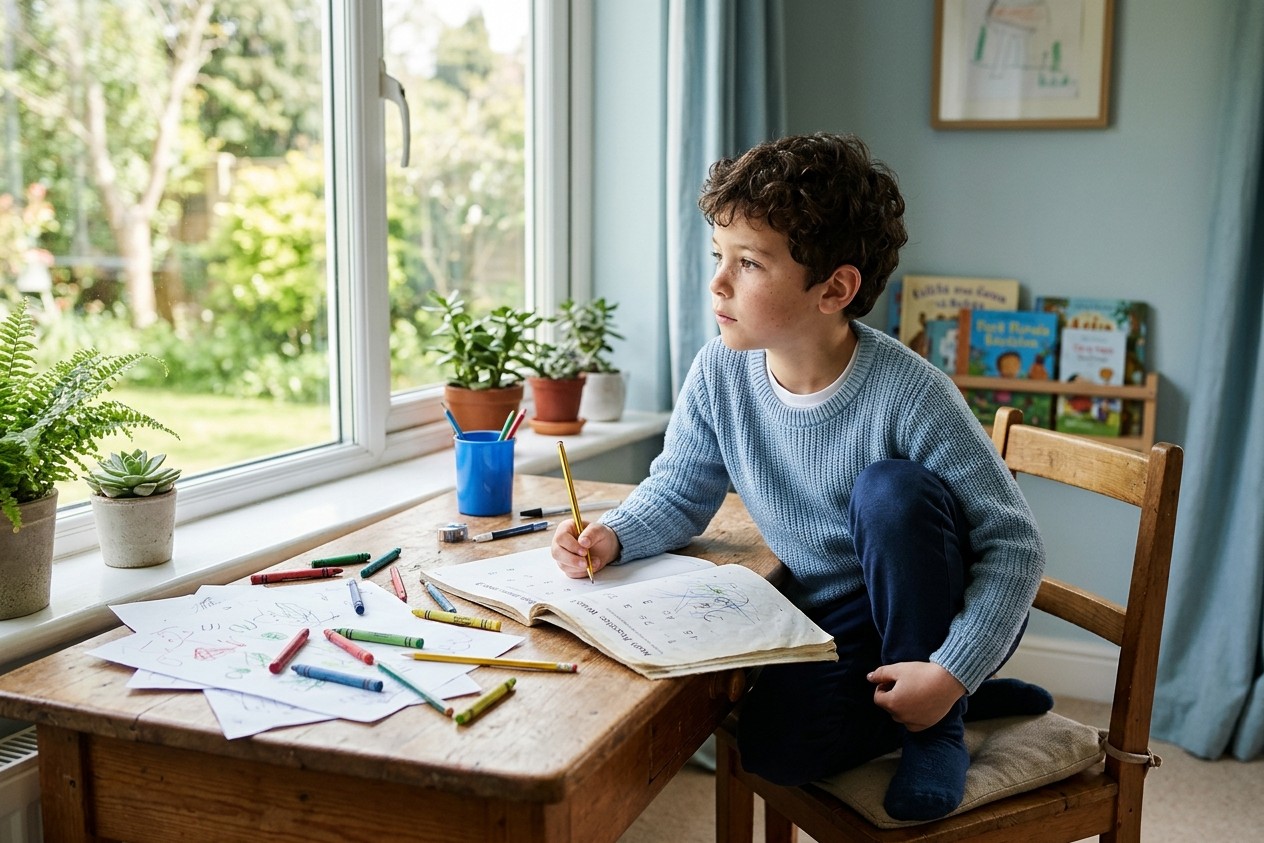 Child with ADHD at a homework desk, distracted by the window, before starting therapy at Alpha Child Therapy, Richmond Hill