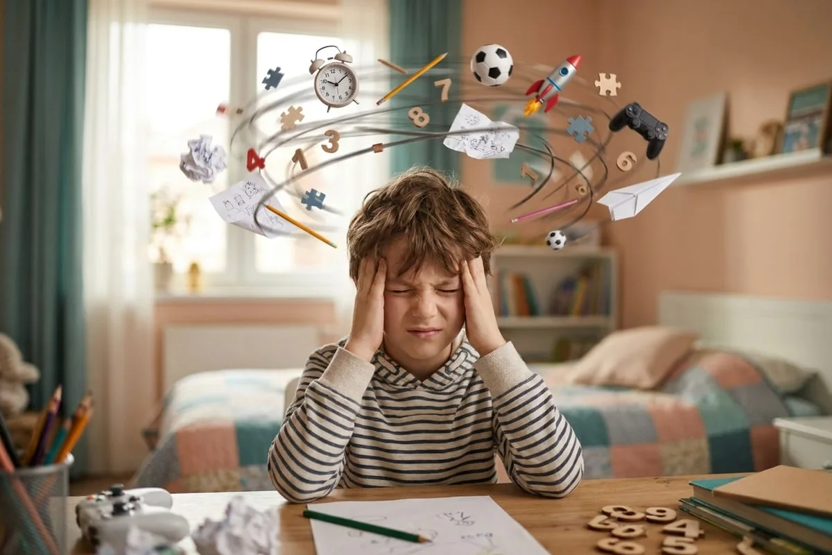 Overwhelmed boy holding his head at his desk while thoughts swirl above him, showing a busy ADHD mind