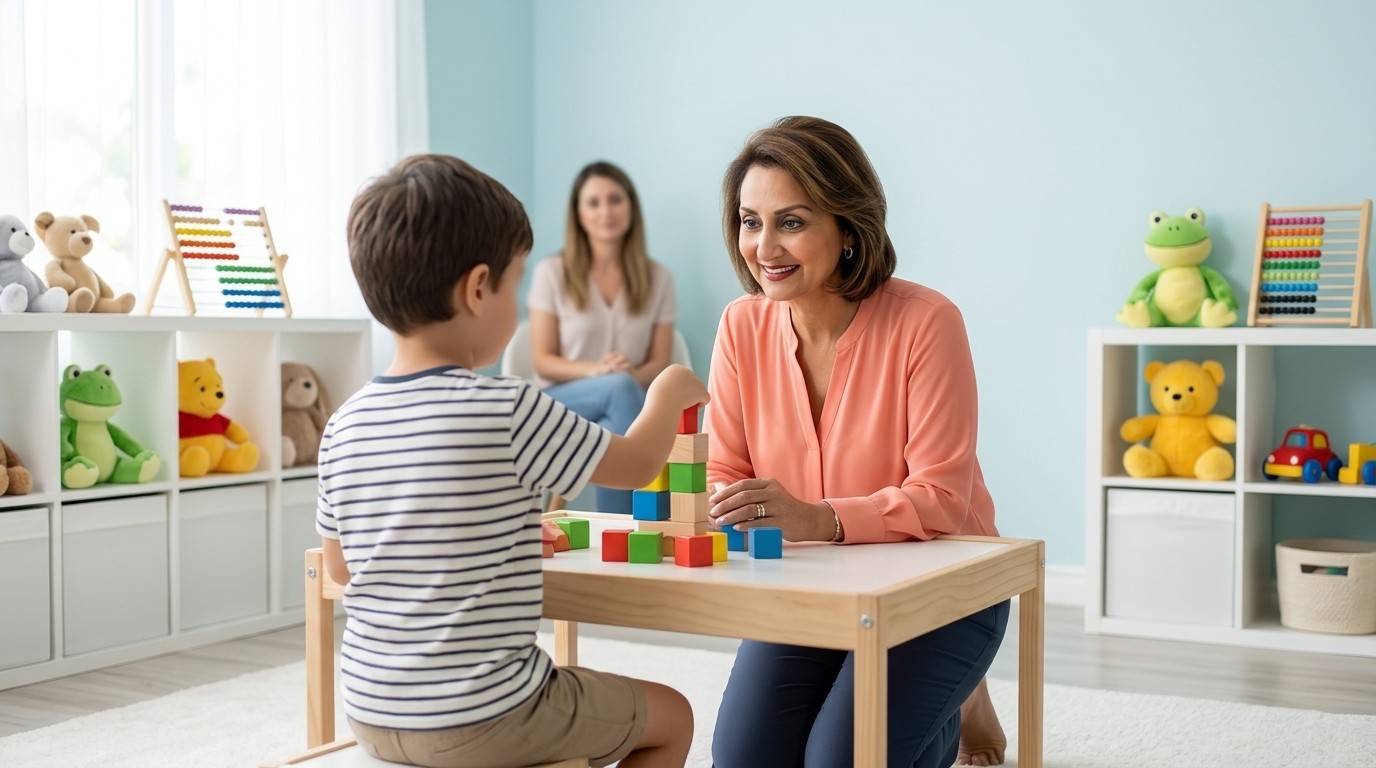 Child therapist helping a young child with building blocks in a bright playroom at Alpha Child Therapy, Richmond Hill