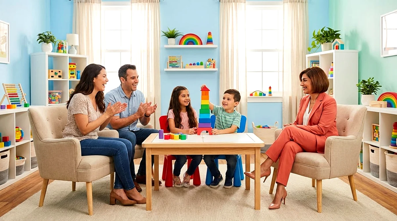 Smiling child and youth therapist in a coral pantsuit watching a happy family, mother, father, daughter and son, build a rainbow block tower at a play table at Alpha Child Therapy, Richmond Hill