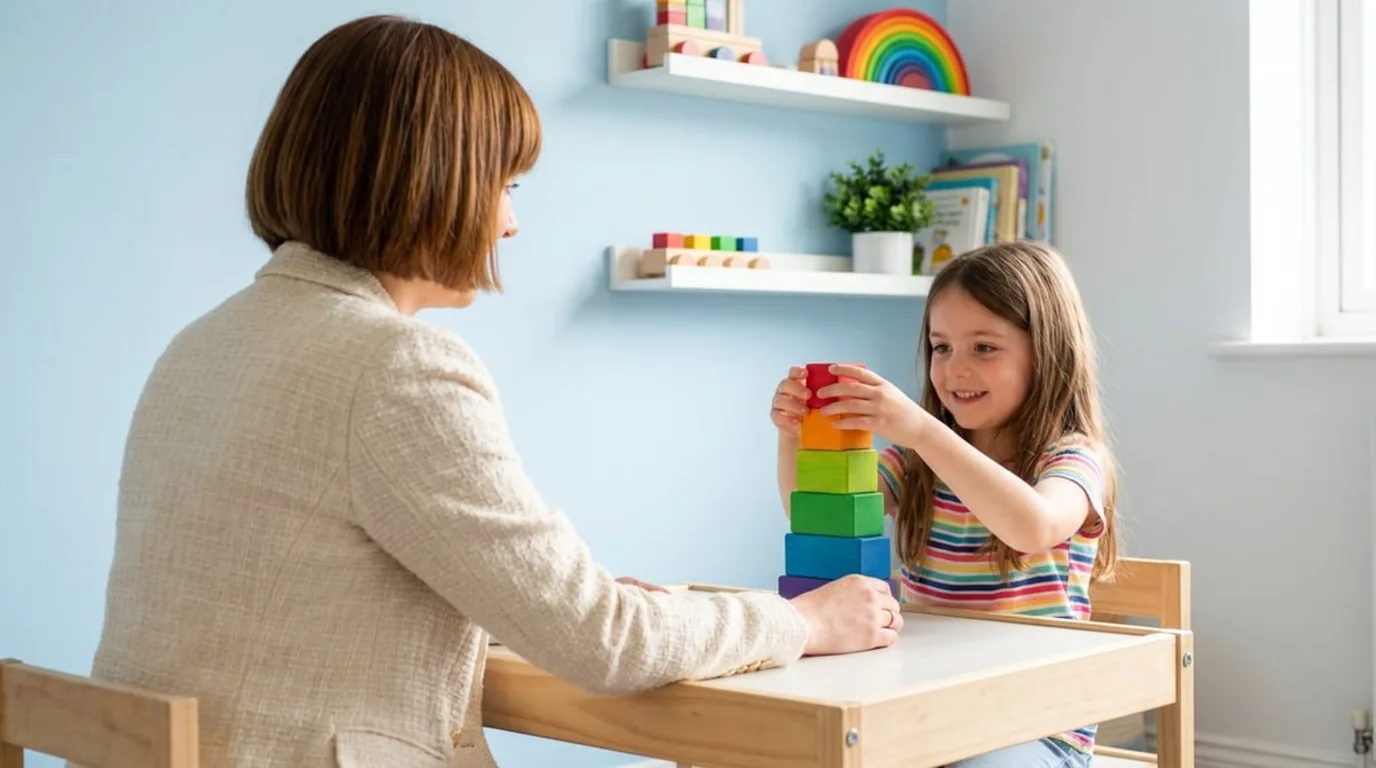 Child and Youth Therapist in a calm one-on-one play therapy session with a smiling girl stacking rainbow blocks in Richmond Hill