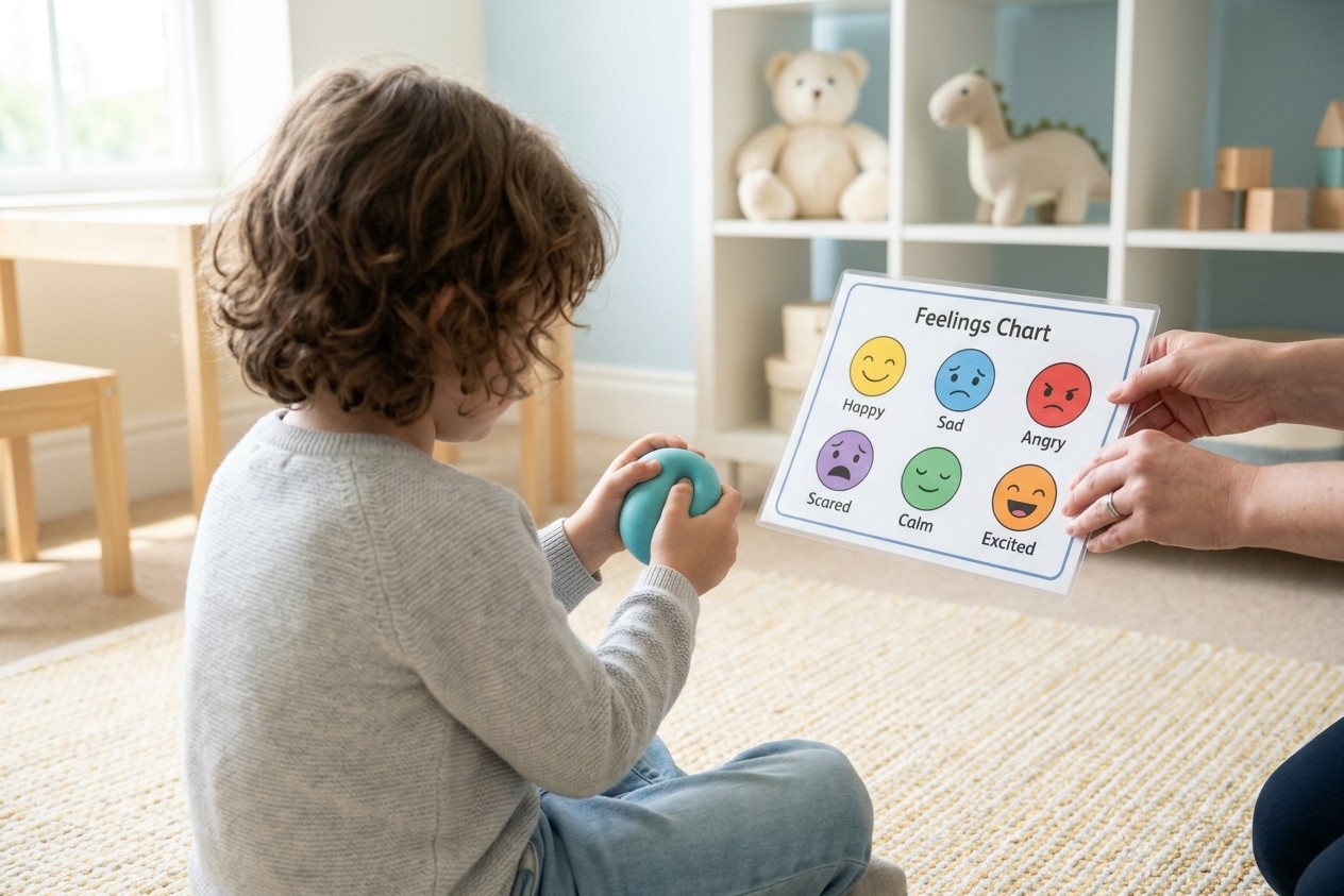Young child squeezing a stress ball while a therapist holds a feelings chart during an anger management session at Alpha Child Therapy, Richmond Hill