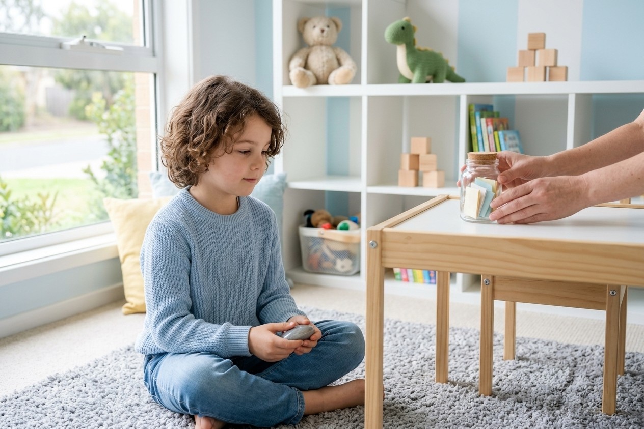 Anxious boy holding a worry stone while an adult places a worry jar beside him in a playroom