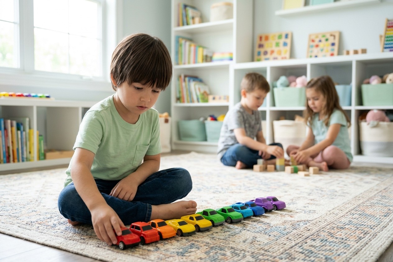 Boy wearing ear defenders smiling during sensory play with kinetic sand and a rainbow stacker, autism play therapy in Richmond Hill