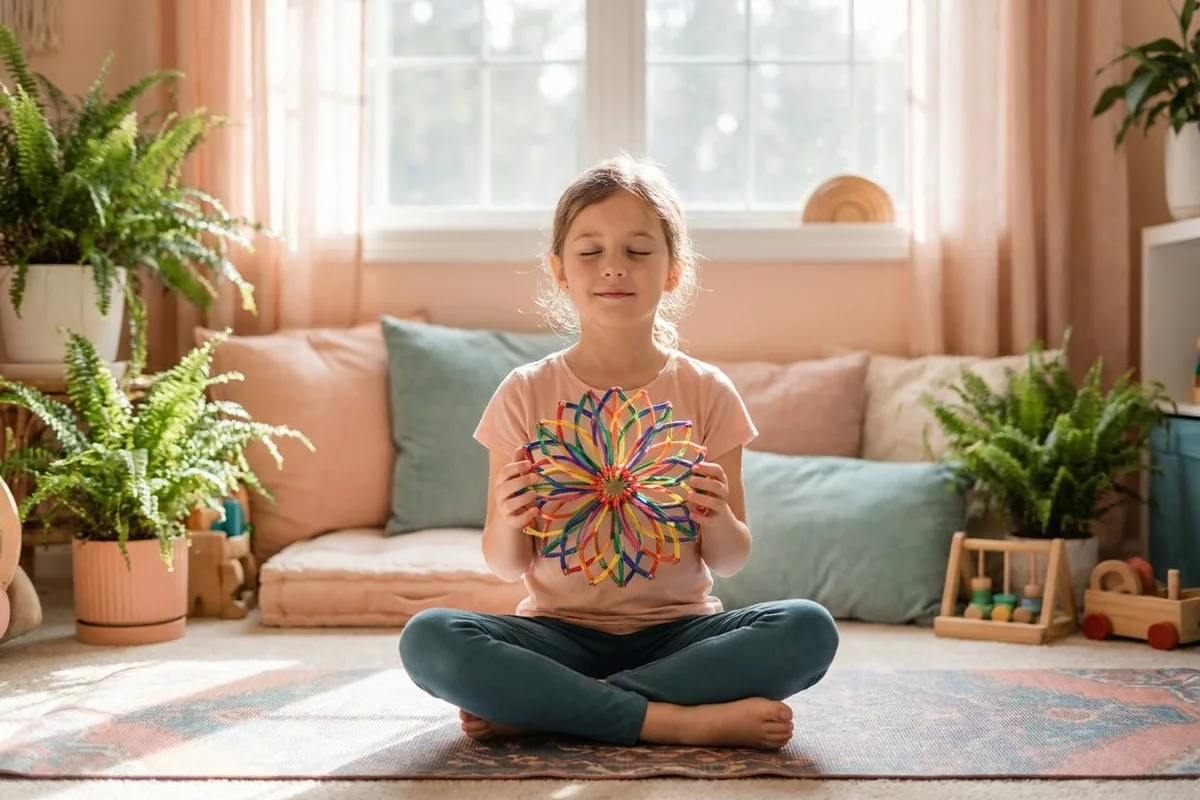 Calm girl doing a yoga breathing exercise with a rainbow breathing ball