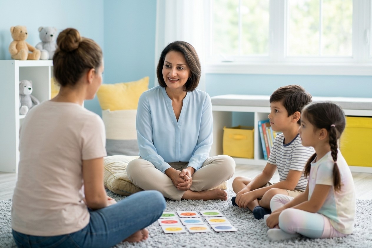 Shiva Movafaghian sitting on the playroom floor with a mother and her two children during a child counselling session