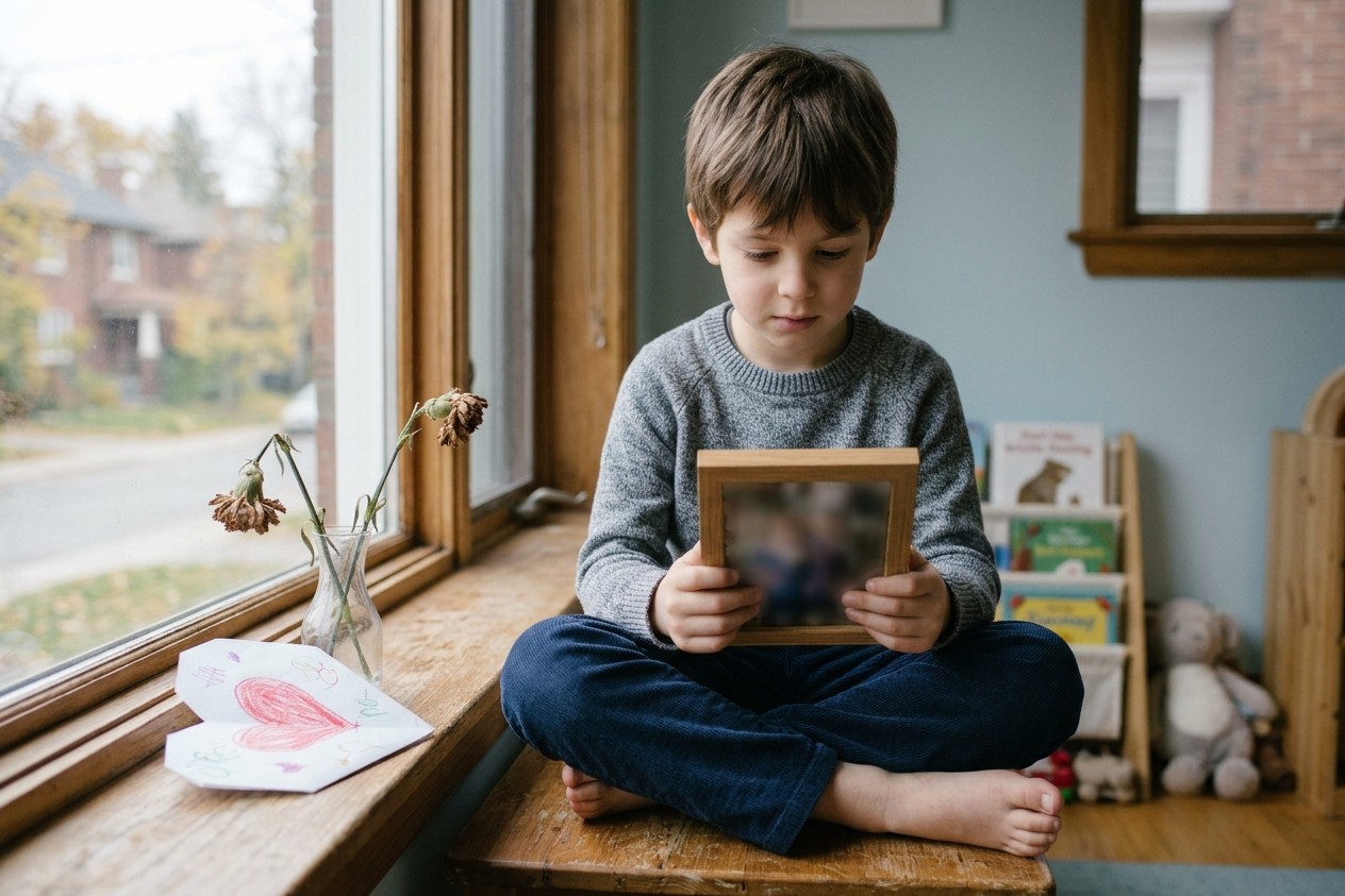 Boy holding a framed photo by a window, grieving a loss, supported by Alpha Child Therapy