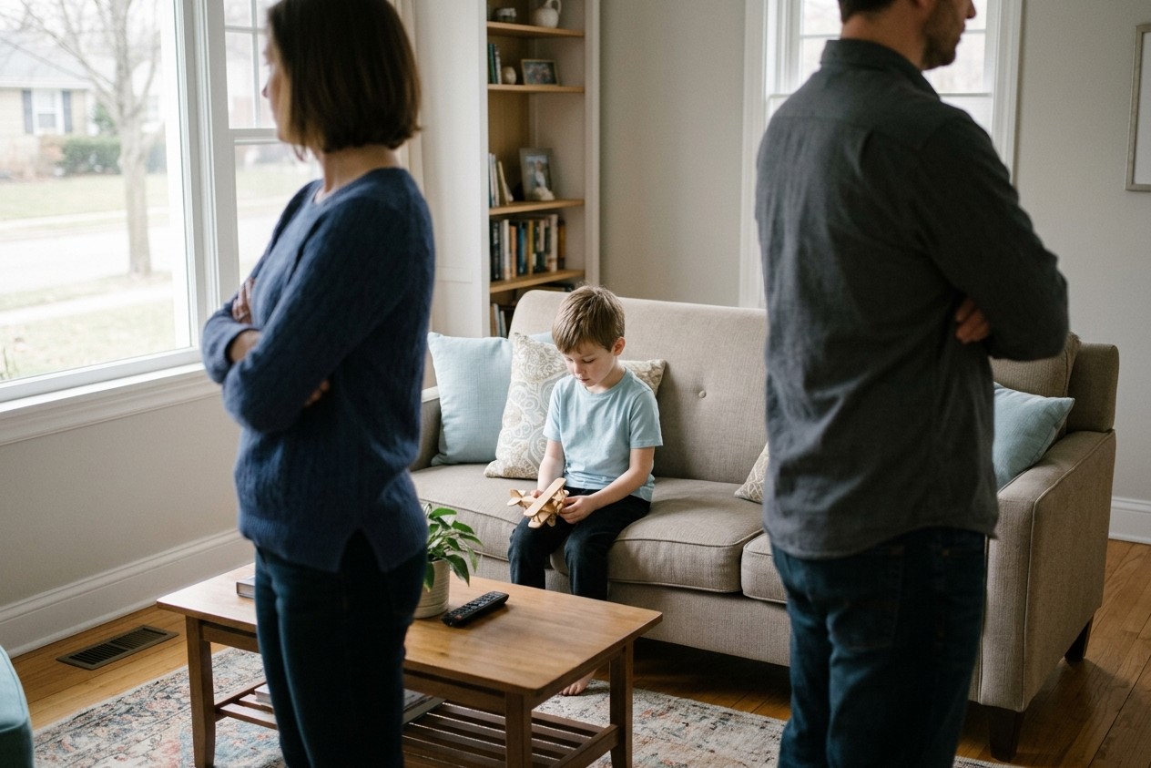 Two parents standing back to back while their son sits quietly on the sofa, illustrating the effect of divorce on children