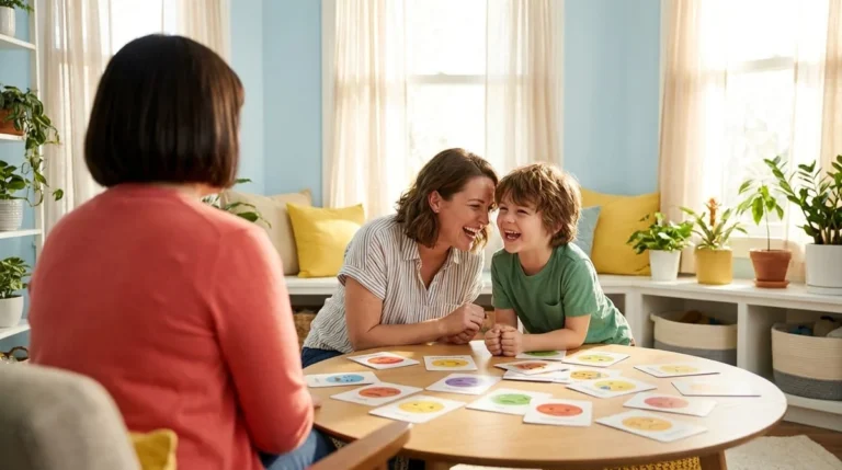 Mother and son laughing together over a feelings card game during a family therapy session at Alpha Child Therapy, Richmond Hill