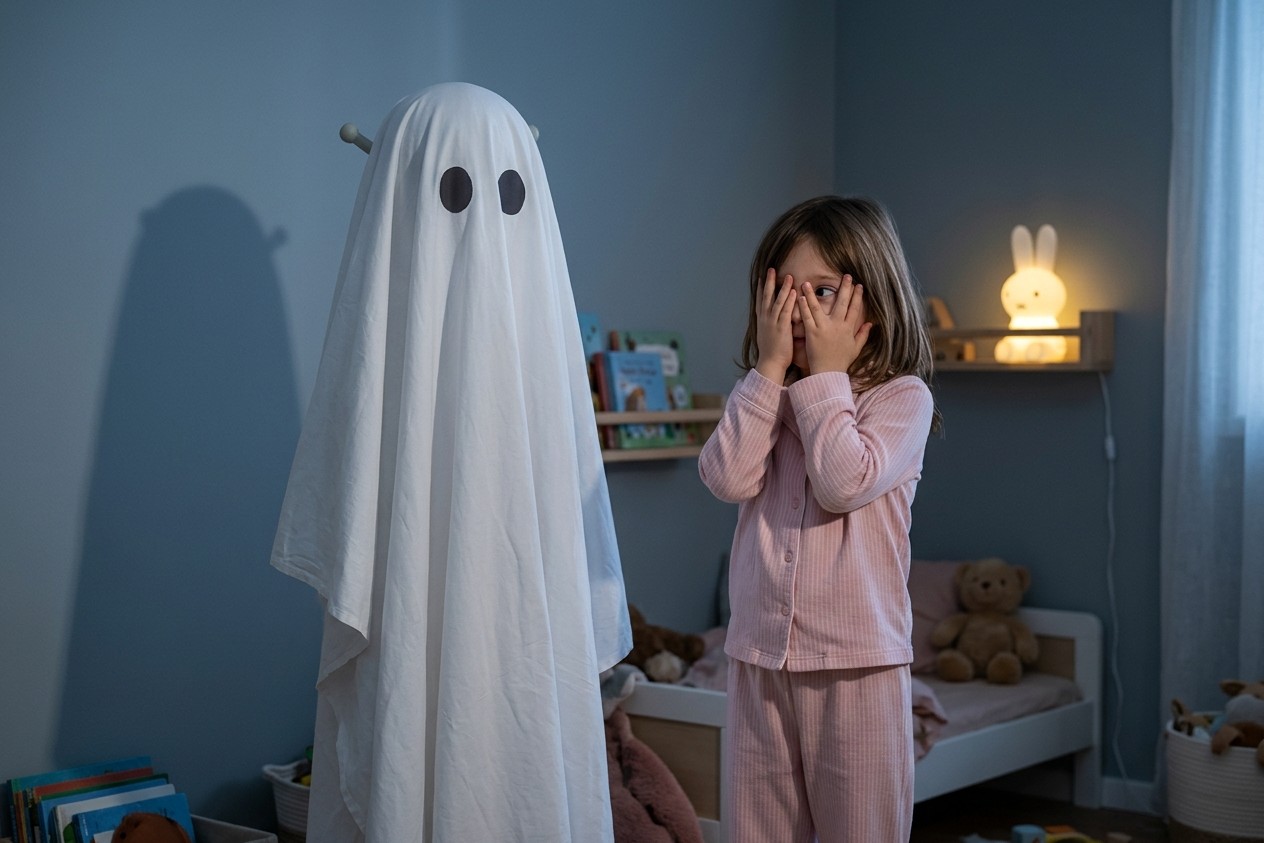 Girl peeking through her fingers at a bedsheet ghost in her bedroom, illustrating childhood fears and phobias