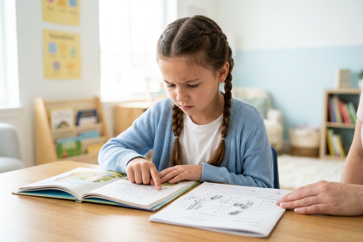 Girl with a learning disorder reading with her finger under the words while a supportive adult hand rests nearby